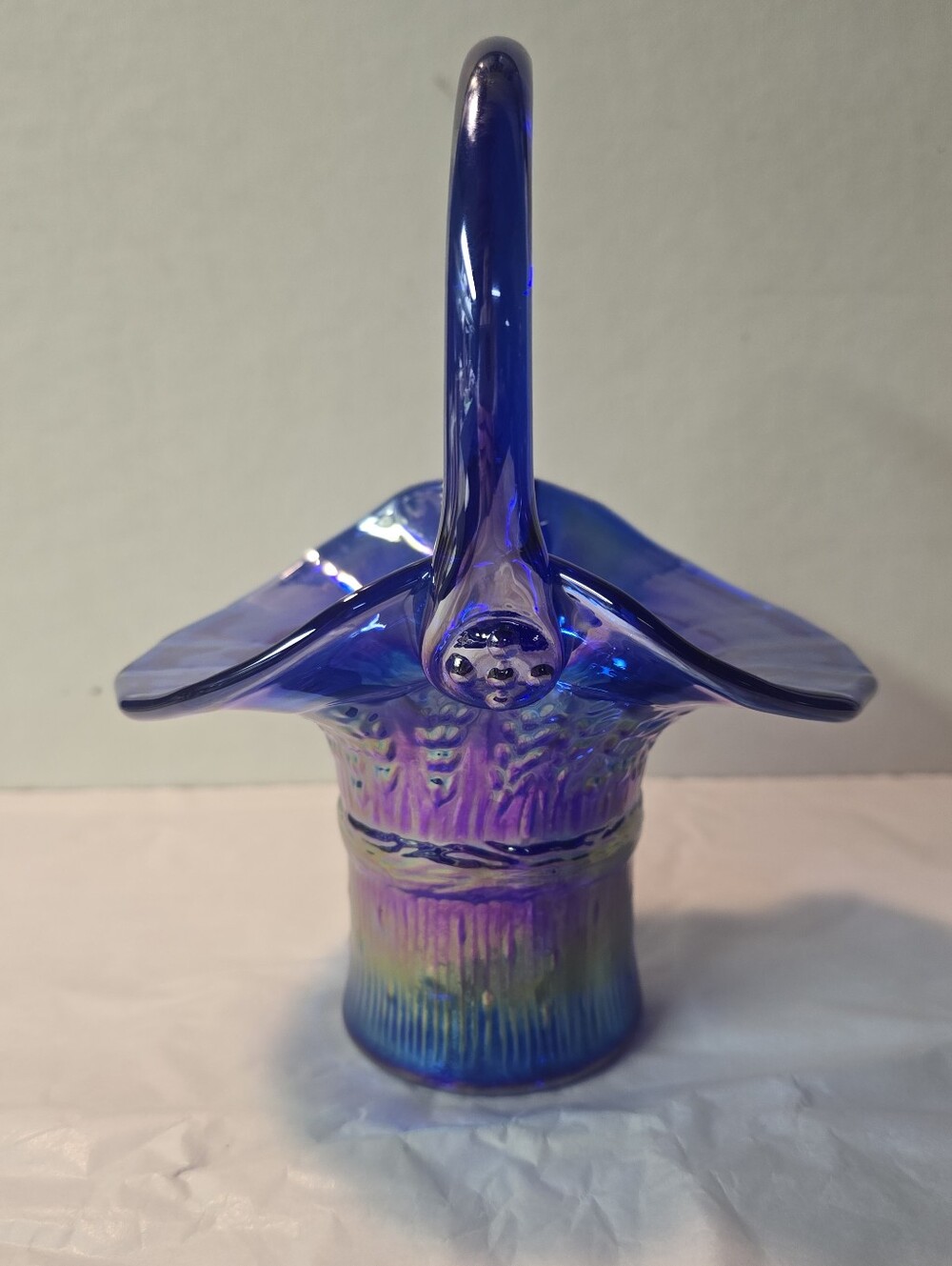 Vintage Gibson 1989 Blue Iridescent Floral Glass Basket Vase Collectible EUC